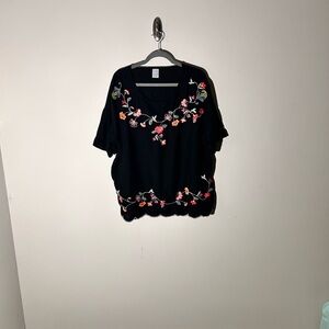 Time and Tru Women’s Black Boho Blouse with Floral Embroidery